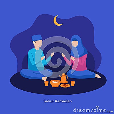 Muslim man and woman praying to Allah together during sahur eat time to prepare full day fasting vector flat illustration. Islam Cartoon Illustration