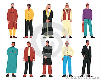 Muslim men. Modern arabic male characters wearing traditional arab clothes and stylish casual outfits, portraits of Vector Illustration