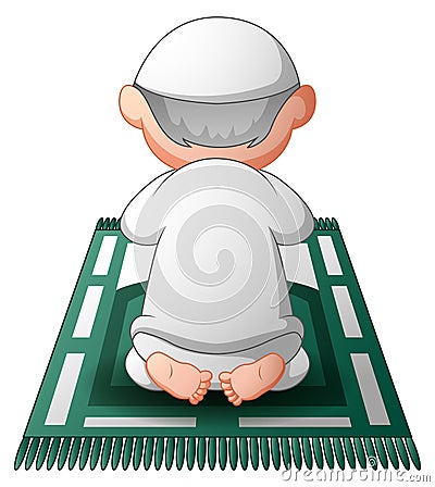 Muslim men sitting on the prayer rug while praying Vector Illustration