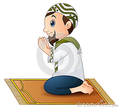 Muslim men sitting on the prayer rug while praying Vector Illustration