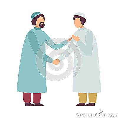 Muslim Men in Traditional Clothing Greeting Each Other and Shaking Hands as They Celebrating Eid Al Adha Islamic Holiday Vector Illustration