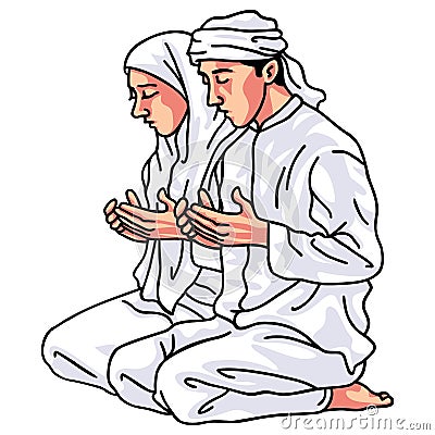 Muslim Moslem Couple Man Woman Pray Prayer Dua Drawing Cartoon Vector Illustration Vector Illustration