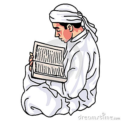 Muslim Moslem Man Reading Reciting Al Quran Koran Cartoon Drawing Vector Art Vector Illustration