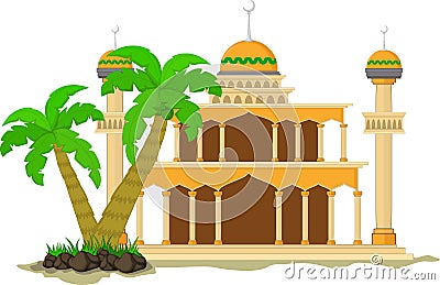 Muslim mosque isolated flat facade on white background. Flat with shadows architecture object. Vector cartoon design. Beautiful mu Cartoon Illustration