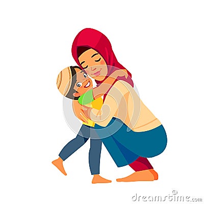 Muslim mother and child. Mom hugging her son with a lot of love and tenderness. Mother's day, holiday concept. Cartoon Vector Illustration