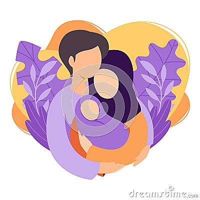 Muslim mother and father holding their newborn baby. Islamic couple of husband and wife become parents. Man embracing woman. Vector Illustration