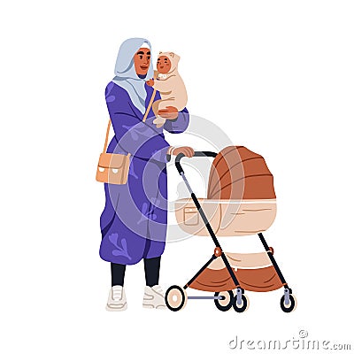 Muslim mother holding baby in arms. Arab mom in hijab with infant in hands, standing with pram, stroller during walk Vector Illustration