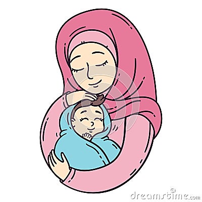 Muslim mother holding baby. Vector Illustration