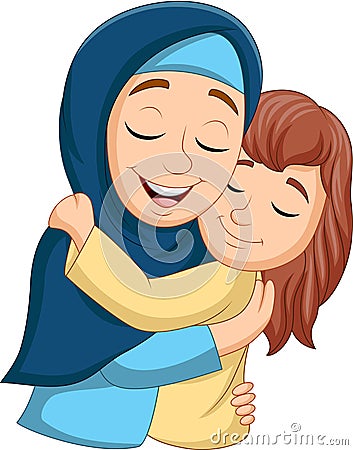 Muslim mother hugging her daughter Vector Illustration