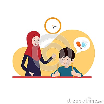 Muslim mother support her hungry son to wait for iftar time break fasting. family ramadan activity illustration concept vector Vector Illustration