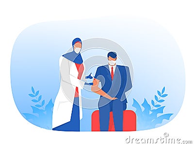 Muslim Nurse Injecting Vaccine Injection, Vaccine against coronavirus Male patients Vector flat illustration Vector Illustration