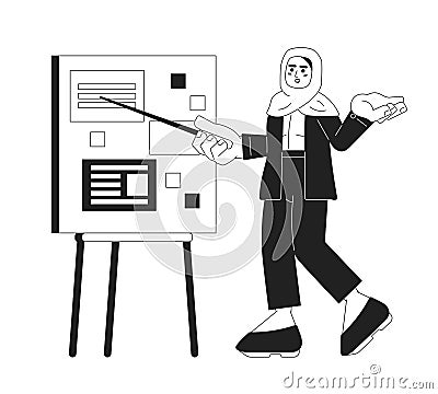 Muslim office worker giving presentation black and white cartoon flat illustration Vector Illustration