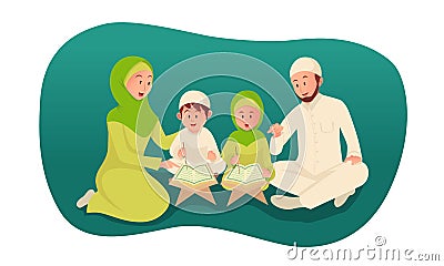 Muslim parent teaching holy quran for his children Vector Illustration