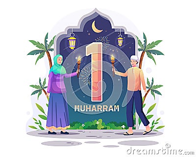 Muslim people carry torches to celebrate Islamic New Year or Hijri New Year. Happy 1st Muharram Vector Illustration