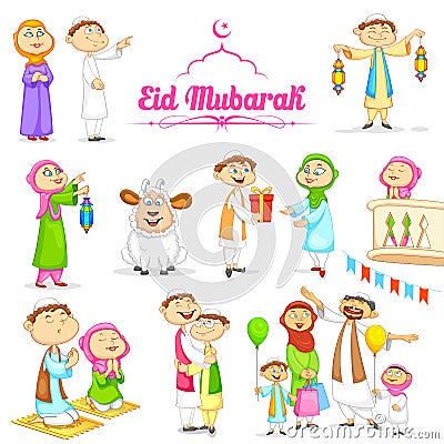 Muslim people celebrating Eid Vector Illustration