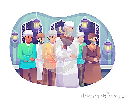 Muslim people perform tarawih prayers at the night during Ramadan. Prayers in congregation at the mosque Vector Illustration