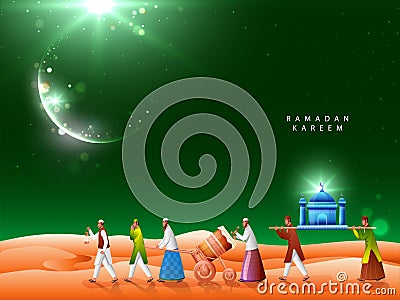 Muslim People Playing Tabu Debug Drum with Carrying Mosque on Crescent Moon Green and Orange Lights Effect for Ramadan Stock Photo