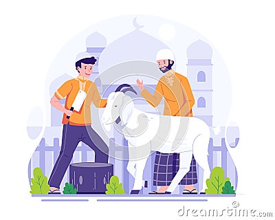 Muslim People slaughter a goat for Sacrifice or Qurban on Eid Al Adha. Happy Eid Al Adha Mubarak Illustration Vector Illustration