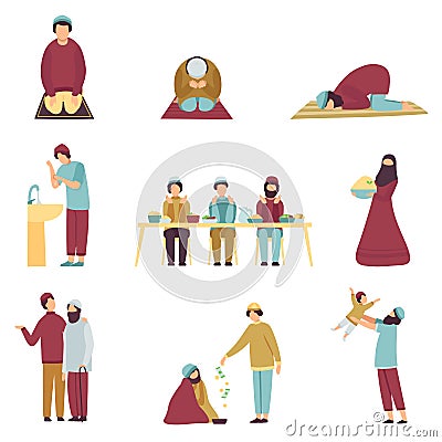 Muslim People in Traditional Clothing Celebrating Eid Al Adha Islamic Holiday Set, Men Praying, Eating, Greeting Each Vector Illustration