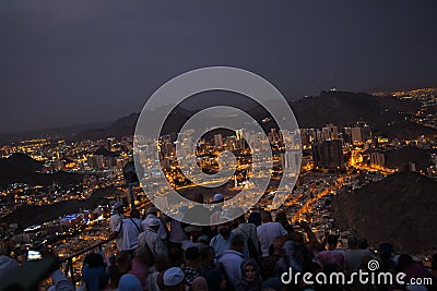 Muslim pilgrims visiting the Hira Cave where prophet Muhammed pray on the top of Noor Mountain in Mecca Editorial Stock Photo