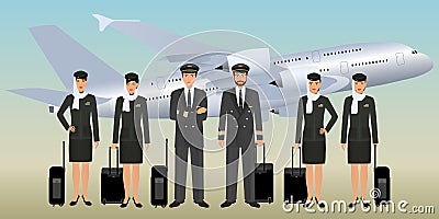 Muslim pilots and stewardesses characters in uniform with bags standing on flying aircraft background. Vector Illustration