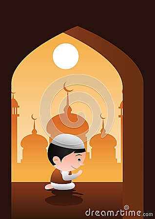 Muslim pray in mosque place of Islam,silhouette design,cartoon bubble head version Vector Illustration