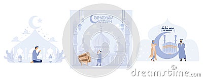 Muslim prayer Ramadan greeting postcard, islamic background, muslim kids offering namaaz for Eid Mubarak, Vector Illustration
