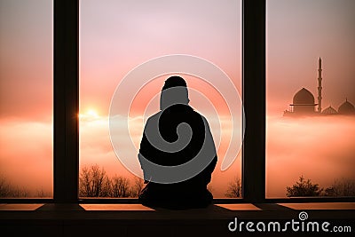 Muslim praying in a mystical environment, silhouette, no face visible, generative ai, color grading Stock Photo