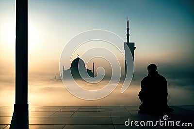 Muslim praying in a mystical environment, silhouette photo, no face visible, generative ai, color grading, islam religion concept Stock Photo