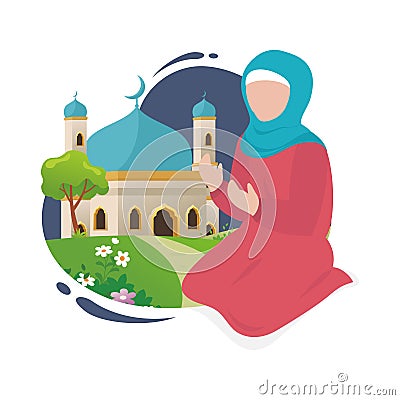 Muslim Praying Vector Illustration. woman with hijab pray with mosque on nature illustration. Cartoon Illustration