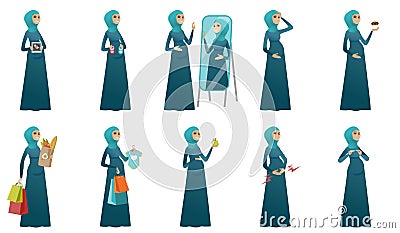 Muslim pregnant woman vector illustrations set. Vector Illustration