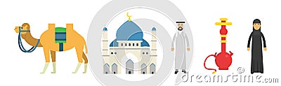 Muslim Religion Attributes with Mosque, Hookah and Camel Vector Set Vector Illustration