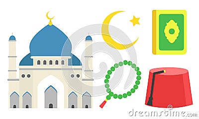 Muslim Religion Attributes with Mosque and Tasbeeh Vector Set Vector Illustration