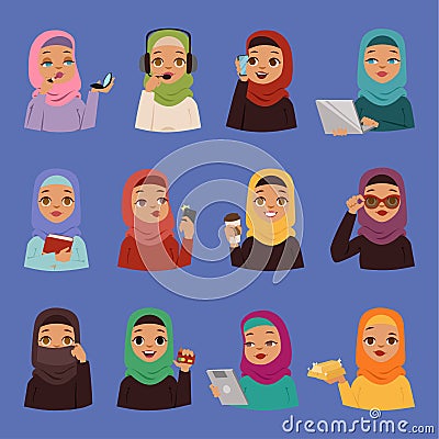 Muslim religious arabic vector adult women in traditional islamic hijab dress. Cute cartoon arabic girls traditional Vector Illustration