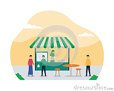 Muslim selling halal food for iftar break fasting time on ramadan month concept vector flat illustration Cartoon Illustration