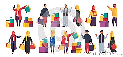 Shopping muslim people with bags. Vector sale illustration Vector Illustration