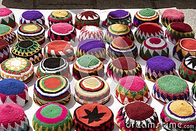 Muslim Skull Caps Are Displayed By Vendor for Sale Stock Photo