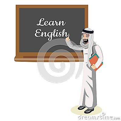 Muslim teacher standing in front of blackboard teaching student in classroom at school. Vector Illustration