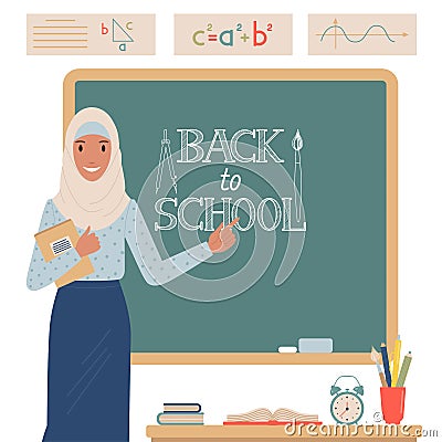 Muslim teacher stands near the school blackboard. Vector Illustration