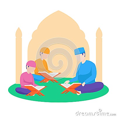 Muslim teacher teach reading quran the holy book of islam to children vector flat illustration at nature background with floral Cartoon Illustration
