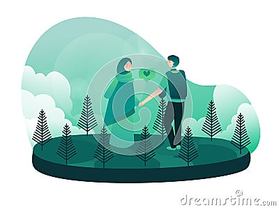 muslim traveler holiday vacation outdoor journey adventure boy and hijab girl smile expression couple trip Vector Illustration