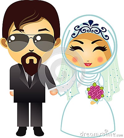 Muslim wedding couple cartoon, bride and groom with flower bouquet. Vector Illustration