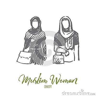 Muslim woman, Arab, Islam, hijab concept. Hand drawn isolated vector. Vector Illustration