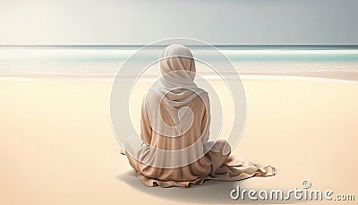 Muslim woman on the beach with copy space Cartoon Illustration