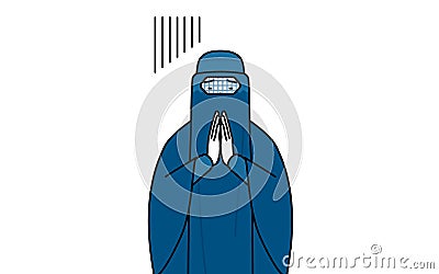 Muslim woman in burqa apologizing with her hands in front of her body Stock Photo