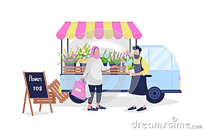 Muslim woman buying flowers from caucasian man flat color vector faceless characters Vector Illustration