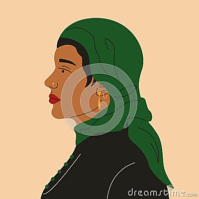 Muslim woman character in hijab. Abstract female cartoon portrait, flat girl face for print, background. Vector banner Vector Illustration