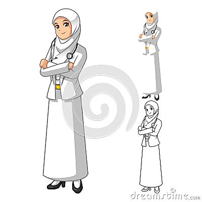 Muslim Woman Doctor Wearing White Veil or Scarf with Folded Hands Vector Illustration