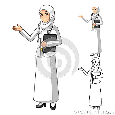 Muslim Woman Doctor Wearing White Veil or Scarf with Welcoming Hands Vector Illustration