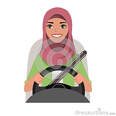 Muslim woman driving a car. Muslim woman wearing hijab Vector Illustration